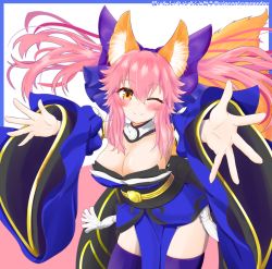 Rule 34 | 1girl, :3, animal ear fluff, animal ears, artist name, blue bow, blue kimono, blue thighhighs, blush, bow, breasts, cleavage, collar, commentary request, cowboy shot, detached sleeves, eyelashes, fate/extra, fate (series), floating hair, fox ears, fox girl, fox tail, hair between eyes, hair bow, highres, incoming hug, japanese clothes, kimono, large breasts, leaning forward, long hair, long sleeves, looking at viewer, obi, one eye closed, outstretched arms, outstretched hand, pink hair, reaching, reaching towards viewer, sash, sidelocks, simple background, smile, solo, sparkling eyes, split ponytail, tail, tamamo (fate), tamamo no mae (fate/extra), thighhighs, twitter username, white background, white collar, wide sleeves, winsankemonodou, yellow eyes, zettai ryouiki