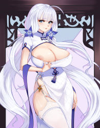 Rule 34 | 1girl, 47 hard, azur lane, blue eyes, breasts, china dress, chinese clothes, dress, garter straps, hair ornament, highres, illustrious (azur lane), large breasts, long hair, looking at viewer, nipples, panties, thighhighs, underwear, white dress, white hair