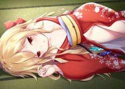 Rule 34 | 1girl, :o, arm up, blonde hair, blush, bow, breasts, commentary request, crystal, derivative work, flandre scarlet, floral print, groin, hair bow, japanese clothes, kashiwagi yamine, kimono, long hair, long sleeves, looking at viewer, lying, obi, on side, parted lips, print kimono, red bow, red eyes, red kimono, sash, small breasts, solo, tatami, touhou, wide sleeves, wings