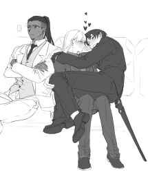 Rule 34 | 1girl, 2boys, angelica (project moon), blush, closed mouth, coat, collared shirt, crossed arms, dark-skinned male, dark skin, dreadlocks, gloves, happy, heart, high ponytail, highres, jacket, library of ruina, long hair, long sleeves, multiple boys, necktie, olivier (project moon), pants, project moon, roland (project moon), shirt, shoes, sitting, sitting on lap, sitting on person, smile, sword, very long hair, vest, weapon, white-trick