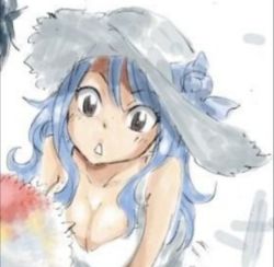 Rule 34 | 1girl, bare shoulders, black eyes, blue hair, breasts, cleavage, fairy tail, hat, juvia lockser, large breasts, long hair, official art, solo, tagme