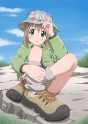 Rule 34 | 1girl, absurdres, black shirt, blush, boots, cloud, dated, day, dot nose, facing viewer, female focus, full body, green eyes, green jacket, grey hair, hair ornament, hairclip, hat, highres, hiking boots, hiking outfit, jacket, looking at viewer, medium hair, miniskirt, open clothes, open jacket, outdoors, shirt, sitting, skirt, sky, smile, solo, su6546age, yama no susume, yukimura aoi