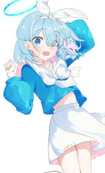 Rule 34 | 1girl, absurdres, arona (blue archive), bare legs, blue archive, blue hair, blue shirt, bow, bowtie, braid, choker, commentary, comorebi, hairband, halo, highres, long sleeves, looking at viewer, multicolored hair, pink hair, school uniform, serafuku, shirt, simple background, single braid, skirt, solo, stomach, two-tone hair, white background, white bow, white bowtie, white choker, white hairband, white skirt
