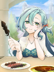 Rule 34 | 1girl, :t, aqua hair, blue sky, blurry, blurry background, breasts, chloe (fire emblem), cleavage, commentary request, earrings, fire emblem, fire emblem engage, food, foreshortening, green eyes, hair between eyes, hands up, highres, hiro (haruumi0120), holding, holding food, jewelry, long hair, looking at viewer, medium breasts, nintendo, outdoors, plate, sky, smile, solo, upper body