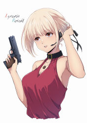 Rule 34 | 1girl, absurdres, adjusting hair, bare arms, bare shoulders, black choker, black ribbon, blonde hair, breasts, choker, cleavage, collarbone, commentary request, copyright name, cropped torso, dress, earpiece, eyelashes, eyes visible through hair, gun, hair between eyes, hair ribbon, handgun, hands up, highres, holding, holding gun, holding weapon, jewelry, large breasts, lips, looking afar, lycoris recoil, necklace, nishikigi chisato, nishizuki shino, parted lips, red dress, red eyes, ribbon, short hair, simple background, sleeveless, sleeveless dress, solo, tsurime, upper body, weapon, white background