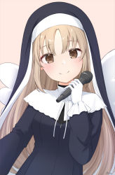 Rule 34 | 1girl, basa rutan, black dress, blush, brown background, brown eyes, brown hair, closed mouth, commentary request, dress, habit, highres, holding, holding microphone, long hair, long sleeves, looking at viewer, microphone, nijisanji, nun, puffy long sleeves, puffy sleeves, simple background, sister claire, sister claire (1st costume), smile, solo, traditional nun, upper body, veil, very long hair, virtual youtuber