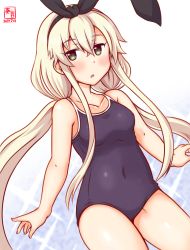 Rule 34 | 1girl, alternate costume, alternate hairstyle, artist logo, black hairband, blonde hair, blue one-piece swimsuit, commentary request, competition school swimsuit, covered navel, cowboy shot, dated, gradient background, grey eyes, hairband, kanon (kurogane knights), kantai collection, long hair, looking at viewer, low twintails, one-hour drawing challenge, one-piece swimsuit, school swimsuit, shimakaze (kancolle), solo, sparkle, swimsuit, twintails, white background