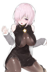 Rule 34 | 10s, 1girl, alternate costume, bare shoulders, black pantyhose, blush, breasts, collar, cosplay, fate/extra, fate/extra ccc, fate/grand order, fate (series), hair over one eye, highres, jacket, large breasts, mash kyrielight, mitsudoue, o-ring, open clothes, open jacket, open mouth, pantyhose, passion lip (cosplay), passionlip (fate), passionlip (fate) (cosplay), purple eyes, purple hair, short hair, simple background, solo, white background