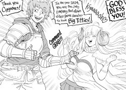 Rule 34 | 1boy, 1girl, absurdres, ahoge, anila (granblue fantasy), armor, bb (baalbuddy), breastplate, breasts, cape, commentary, curled horns, draph, english commentary, english text, fur collar, gauntlets, gloves, grabbing, grabbing another&#039;s breast, gran (granblue fantasy), granblue fantasy, granblue fantasy versus, grin, groping, height difference, highres, hood, hood down, horns, large breasts, long hair, miniskirt, pauldrons, short eyebrows, shortstack, shoulder armor, skirt, smile, speech bubble, strapless, thumbs up, very long hair, w arms