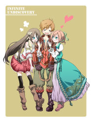 Rule 34 | 1boy, 2girls, angry, aya (infinite undiscovery), blue eyes, blush, boots, brown background, brown hair, capell, coat, copyright name, detached sleeves, dress, faina, full body, girl sandwich, gloves, green dress, green eyes, hair ornament, happy, heart, highres, hug, infinite undiscovery, jewelry, knee boots, long hair, minimaru, multiple girls, necklace, open mouth, pants, red skirt, ribbon, sandwiched, simple background, skirt, smile, thighhighs, thighhighs under boots
