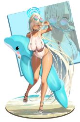 Rule 34 | 1girl, alternate costume, asuna (blue archive), bare shoulders, bikini, blue archive, blue eyes, blue ribbon, blush, breasts, cleavage, collarbone, commentary request, eyewear on head, feet, full body, grin, hair over one eye, hair ribbon, halo, highres, inflatable dolphin, inflatable toy, large breasts, legs, light brown hair, long hair, looking at viewer, micro bikini, nail polish, navel, partial commentary, ribbon, round eyewear, sandals, sideboob, smile, solo, sunglasses, swimsuit, tan, tanline, tinted eyewear, toenail polish, toenails, toes, v, very long hair, white background, zukky
