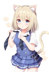 1girl, animal ear fluff, animal ears, blonde hair, blue eyes, blue neckwear, blue shirt, blue skirt, blush, borrowed character, breasts, cat ears, cat girl, cat tail, chestnut mouth, collared shirt, commentary request, commission, eyebrows visible through hair, highres, holding necktie, looking at viewer, medium hair, original, pixiv request, plaid, plaid skirt, pleated skirt, shirt, short sleeves, skirt, small breasts, solo, striped, striped neckwear, tail, thighhighs, tutsucha illust, undone necktie, white legwear, white shirt
