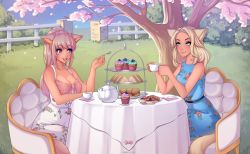 Rule 34 | 2girls, absurdres, animal ears, artist name, warrior of light (ff14), bare arms, bare shoulders, blonde hair, blue dress, blue eyes, blurry, blurry background, breasts, cat ears, cat girl, cat tail, chair, cherry blossoms, cleavage, collarbone, commentary, commission, cup, cupcake, dark-skinned female, dark skin, dress, eye contact, facial mark, final fantasy, final fantasy xiv, floral print, food, from side, hand on own arm, highres, holding, holding cup, holding spoon, large breasts, long hair, looking at another, medium breasts, miqo&#039;te, multiple girls, open mouth, outdoors, petals, pink hair, plate, ponytail, print dress, sandwich, shellvi, sitting, sleeveless, sleeveless dress, smile, spoon, table, tail, tea, teacup, teapot, teeth, tree, upper teeth only, whisker markings