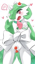 Rule 34 | 1girl, @ @, bob cut, bow, colored skin, cowboy shot, cream, creatures (company), embarrassed, female focus, flat chest, flying sweatdrops, food, food on body, food on head, fruit, game freak, gardevoir, gen 3 pokemon, gluteal fold, green hair, green skin, hair over one eye, hand up, heart, highres, looking at viewer, m3 (gardevoir m3), multicolored skin, nintendo, object on head, one eye covered, open mouth, pokemon, pokemon (creature), raised eyebrows, red eyes, short hair, simple background, solo, speech bubble, spoken blush, standing, strawberry, textless version, thighs, two-tone skin, white background, white bow, white skin, wide-eyed