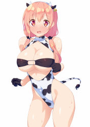 Rule 34 | 1girl, animal ears, animal print, bare shoulders, black gloves, blush, breasts, cleavage, commentary request, cow ears, cow horns, cow print, cow tail, cowboy shot, ear tag, embarrassed, fake animal ears, fake horns, gloves, hairband, half gloves, highres, hinako note, horns, kazuma (kazumav), large breasts, long hair, looking at viewer, low twintails, nose blush, open mouth, orange hair, red eyes, sakuragi hinako, simple background, solo, sweat, tail, twintails, white background