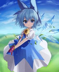 Rule 34 | 1girl, :o, bad id, bad twitter id, blue bow, blue dress, blue eyes, blue hair, blue sky, bow, cirno, cloud, day, dress, flower, hair bow, highres, holding, ice, ice wings, looking at viewer, omoitukanee, outdoors, puffy short sleeves, puffy sleeves, short hair, short sleeves, sky, solo, sunflower, touhou, wings