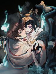 Rule 34 | 2boys, alternate costume, anzio, black hair, black nails, brown hair, cat tail, chinese clothes, claws, code geass, commentary request, dark background, eyelashes, green eyes, hair between eyes, hat, highres, knee up, kneeling, kururugi suzaku, lelouch vi britannia, long sleeves, looking at another, looking at viewer, male focus, multiple boys, open mouth, outstretched arms, pale skin, purple eyes, ribbon, robe, short hair, sitting, sitting on lap, sitting on person, smoke, tail, tail ornament, tail ribbon, upper body, white robe, yaoi, zombie pose