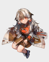 Rule 34 | 1girl, arknights, bad id, bad twitter id, ciloranko, feathers, from above, grey background, highres, long coat, long hair, multicolored hair, net, orange eyes, pleated skirt, sitting, skirt, snowsant (arknights), solo, two-tone hair
