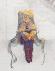 Rule 34 | 1girl, artist name, black pantyhose, boots, brown footwear, capelet, character name, closed mouth, commentary, english commentary, frieren, full body, graph paper, green eyes, grey hair, highres, light blush, long hair, own hands together, pantyhose, phos (ennuuiim), pointy ears, shirt, sitting, solo, sousou no frieren, thick eyebrows, twintails, white capelet, white shirt