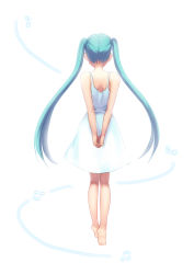 Rule 34 | 1girl, aqua hair, arms behind back, bad id, bad pixiv id, barefoot, from behind, full body, hatsune miku, long hair, simple background, solo, twintails, very long hair, vocaloid, white background, xiangtu