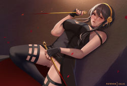 Rule 34 | 1girl, black dress, black hair, blood, bloody weapon, cleft of venus, dress, dutch angle, exlic, holding, holding weapon, lips, microdress, no panties, parted lips, pussy, pussy juice, red eyes, short hair with long locks, solo, spy x family, strapless, strapless dress, thighhighs, weapon, yor briar