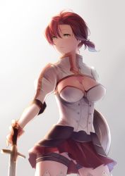 Rule 34 | 1girl, armor, boudica (fate), breasts, cleavage, closed mouth, corset, cowboy shot, earrings, fate/grand order, fate (series), faulds, floating hair, green eyes, hair between eyes, holding, holding shield, holding sword, holding weapon, jewelry, koruta (nekoimo), large breasts, looking to the side, o-ring, o-ring top, parted bangs, pleated skirt, red hair, red skirt, shield, short hair, shrug (clothing), skirt, sleeves past elbows, solo, standing, sword, thigh strap, thighhighs, thighs, weapon