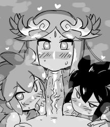 Rule 34 | 1girl, 3boys, bisexual male, blush, breath, cooperative fellatio, dark pit, fellatio, greyscale, hair between eyes, harem, heart, heart-shaped pupils, highres, hiryou man (crap-man), kid icarus, licking, licking testicle, long hair, monochrome, multiple boys, nintendo, oral, palutena, penis, pit (kid icarus), rariatto (ganguri), sketch, steam, sweat, symbol-shaped pupils, teamwork, testicles, tongue, tongue out, uncensored, veins, veiny penis