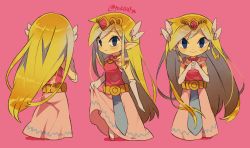 Rule 34 | 1girl, artist name, belt, blonde hair, blue eyes, blush, closed mouth, commentary request, gloves, hair ornament, highres, long hair, looking at viewer, multiple views, nintendo, own hands together, pink background, pointy ears, princess zelda, skirt, sleeveless, smile, the legend of zelda, the legend of zelda: the wind waker, tiara, tokuura, twitter username, watermark
