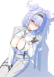 Rule 34 | 1girl, amuriha, between legs, black gloves, blue hair, blush, breasts, cleavage, cleavage cutout, closed mouth, clothing cutout, elira pendora, elira pendora (4th costume), gloves, grey jacket, grey pants, hair ornament, hair over one eye, hairband, hairclip, hand between legs, head wings, highres, jacket, large breasts, lock, looking at viewer, medium hair, nijisanji, nijisanji en, official alternate costume, one eye covered, pants, shadow, shirt, shy, simple background, sitting, skindentation, solo, suspenders, sweat, virtual youtuber, white background, white shirt, wings