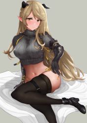 Rule 34 | 1girl, absurdres, arknights, black footwear, black gloves, black thighhighs, blonde hair, blush, boots, breasts, commentary request, crop top, ed (ed 0094), feet out of frame, gloves, grey background, grey sweater, highres, horns, large breasts, long hair, looking at viewer, meteorite (arknights), midriff, navel, no pants, panties, pointy ears, ribbed sweater, side-tie panties, simple background, sitting, solo, stomach, sweater, thigh strap, thighhighs, thighs, turtleneck, turtleneck sweater, underwear, very long hair, yellow eyes