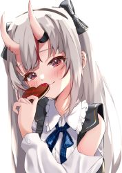 Rule 34 | 1girl, bare shoulders, blue ribbon, blush, candy, chocolate, chocolate heart, closed mouth, clothing cutout, collared shirt, food, frilled shirt, frilled shirt collar, frills, grey hair, hair ribbon, heart, highres, hololive, horns, long hair, long sleeves, looking at viewer, multicolored hair, nakiri ayame, nakiri ayame (girly), neck ribbon, oni, red eyes, red hair, ribbon, shiro hebi rei, shirt, shoulder cutout, skin-covered horns, smile, solo, streaked hair, suspenders, valentine, virtual youtuber, white shirt