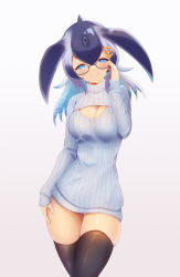 Rule 34 | 1girl, anchor hair ornament, black-framed eyewear, black thighhighs, blowhole, blue eyes, blue hair, blue whale (kemono friends), blush, breasts, cetacean tail, cleavage, cleavage cutout, closed mouth, clothing cutout, commentary request, fins, fish tail, glasses, grey hair, hair ornament, highres, japari symbol, kemono friends, large breasts, long hair, long sleeves, looking at viewer, meme attire, multicolored hair, open-chest sweater, ribbed sweater, simple background, smile, solo, standing, sweater, tail, thighhighs, turtleneck, turtleneck sweater, white background, z.o.b, zettai ryouiki