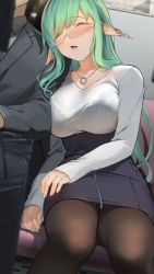 Rule 34 | 1boy, 1girl, bag, bra, bra visible through clothes, breasts, closed eyes, earclip, elf, formal, glasses, graphite (medium), green hair, highres, iltusa, jewelry, large breasts, leaning on person, long hair, miniskirt, necklace, open mouth, original, pantyhose, pencil skirt, piercing, pointy ears, ribbed sweater, see-through, sitting, skirt, sleeping, solo focus, suit, sweater, traditional media, underwear, very long hair, white sweater