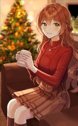 Rule 34 | 1girl, absurdres, bad id, bad pixiv id, blush, braid, brown hair, christmas, christmas tree, cup, green eyes, highres, holding, indoors, jewelry, long hair, looking at viewer, monjja, mug, necklace, original, pantyhose, sitting, skirt, smile, solo, turtleneck