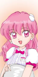 Rule 34 | 1990s (style), 1girl, akazukin chacha, apron, bow, bowtie, earrings, hair ornament, hairclip, jewelry, lowres, maid, marin (akazukin chacha), matching hair/eyes, name tag, open mouth, pink eyes, pink hair, plaid, plaid apron, solo, stud earrings, tray, waitress