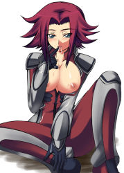 Rule 34 | 00s, 1girl, black gloves, blush, bodysuit, breasts, closed mouth, code geass, collarbone, elbow gloves, finger to mouth, flipped hair, gloves, green eyes, kouzuki kallen, kuronezumi, large breasts, looking at viewer, nipples, open bodysuit, open clothes, open shirt, red hair, shirt, short hair, simple background, skin tight, smile, solo, spread legs, white background