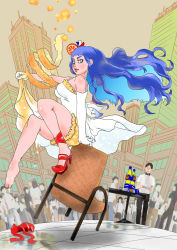 Rule 34 | 1girl, balancing, bare shoulders, bloomers, blue eyes, blue hair, breasts, chair, crowd, dress, elbow gloves, gloves, hair ornament, high heels, highres, large breasts, long hair, orange peel, orangina, personification, single shoe, solo focus, spaghetti strap, spot (artist), suggestive fluid, underwear, white dress, white gloves