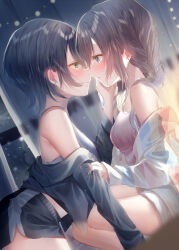 Rule 34 | 2girls, absurdres, bare shoulders, black hair, black shorts, blue eyes, blush, braid, breasts, brown hair, camisole, commentary request, earrings, eye contact, green eyes, grey camisole, grey shirt, hair between eyes, hand on another&#039;s cheek, hand on another&#039;s face, highres, holding hands, jewelry, light particles, long hair, long sleeves, looking at another, medium breasts, multiple girls, off shoulder, original, parted lips, pink camisole, profile, shirt, short hair, shorts, sidelocks, stud earrings, touki matsuri, white shirt, white shorts, yuri