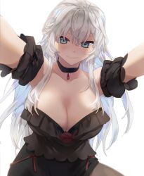 Rule 34 | 1girl, black choker, black dress, blue eyes, breasts, character request, choker, cleavage, closed mouth, detached sleeves, dress, gg dal, large breasts, long hair, looking at viewer, mabinogi, short sleeves, simple background, smile, solo, white background, white hair