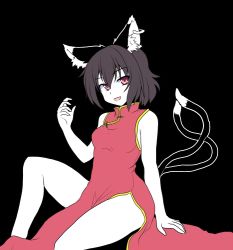Rule 34 | 1girl, :d, alternate costume, animal ears, brown hair, cat ears, cat tail, chen, china dress, chinese clothes, dress, earrings, isaki (gomi), jewelry, multiple tails, no headwear, open mouth, red eyes, short hair, sitting, smile, tail, touhou