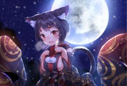 Rule 34 | 1girl, :d, animal ear fluff, animal ears, azur lane, black hair, black kimono, black sleeves, blurry, blurry background, blush, breasts, cat ears, cat girl, cat tail, cheli (kso1564), commentary request, depth of field, detached sleeves, fang, full moon, hands up, highres, japanese clothes, kimono, long sleeves, looking at viewer, medium breasts, moon, night, night sky, open mouth, outdoors, paw pose, red eyes, sideboob, sky, sleeveless, sleeveless kimono, smile, snowing, solo, tail, tail raised, thick eyebrows, wide sleeves, yamashiro (azur lane)