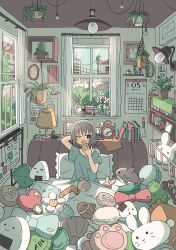 Rule 34 | 1girl, absurdres, akashia (akasia313), book, cactus, clock, cup, highres, lamp, on bed, one eye closed, original, plant, potted plant, room, short hair, squeans, stuffed animal, stuffed rabbit, stuffed shark, stuffed toy, waking up, window, yawning