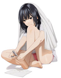 Rule 34 | 1girl, applying pedicure, barefoot, black hair, blush, brown eyes, clipping nails, clipping toenails, closed mouth, full body, hair between eyes, mattaku mousuke, nail clippers, original, red shorts, shadow, shirt, short shorts, short sleeves, shorts, simple background, soles, solo, towel, towel on head, twitter username, watermark, white background, white shirt