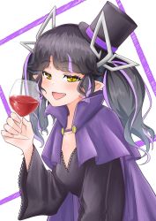 Rule 34 | 1girl, alcohol, alternate costume, black dress, black hair, black hat, blush, cloak, commentary request, cup, demon girl, demon horns, dress, drinking glass, fang, halloween, halloween costume, hat, highres, holding, holding cup, horns, kojo anna, long hair, looking at viewer, multicolored hair, nanashi inc., open mouth, pointy ears, purple cloak, purple hair, robou no stone, smile, solo, sugar lyric, top hat, twintails, two-tone hair, upper body, vampire costume, virtual youtuber, white background, wine, wine glass, yellow eyes