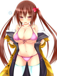 Rule 34 | 1girl, bikini, bikini under clothes, blush, breasts, brown hair, cleavage, coat, front-tie top, hair ribbon, large breasts, long hair, micro bikini, navel, open mouth, original, pink bikini, red eyes, ribbon, side-tie bikini bottom, skindentation, smile, solo, swimsuit, thighhighs, twintails, undressing, very long hair, white thighhighs, yahiro (anhnw)