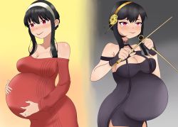 Rule 34 | 1girl, absurdres, big belly, black dress, black gloves, black hair, blush, breasts, cleavage, dress, gloves, hand on own stomach, highres, large breasts, ppalitexx, pregnant, red dress, red eyes, smile, spy x family, yor briar