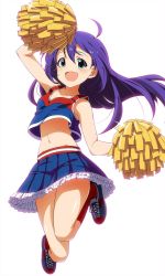 Rule 34 | 1girl, ahoge, cheering, cheerleader, commentary request, crop top, green eyes, highres, holding, holding pom poms, hum desu, idolmaster, idolmaster million live!, jumping, long hair, looking at viewer, miniskirt, mochizuki anna, navel, open mouth, pleated skirt, pom pom (cheerleading), pom poms, purple hair, shirt, skirt, sleeveless, sleeveless shirt, solo, tank top, white background