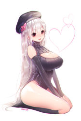 Rule 34 | 1girl, bad id, bad pixiv id, blush, bow, breasts, chromatic aberration, cleavage cutout, clothing cutout, detached sleeves, full body, hair bow, hat, heart, jewelry, kneeling, large breasts, leotard, long hair, meme attire, necklace, open-chest sweater, open mouth, original, red eyes, ribbed leotard, seiza, signature, silver hair, sitting, sleeveless, sleeveless turtleneck, socks, solo, sukja, sweater, thighs, turtleneck, very long hair