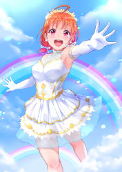 Rule 34 | 1girl, :d, ahoge, bare shoulders, blush, braid, breasts, cleavage, cloud, collarbone, day, dress, elbow gloves, flower, gloves, hair flower, hair ornament, highres, kanabun, looking at viewer, love live!, love live! sunshine!!, low twintails, medium breasts, open mouth, orange hair, outstretched arm, pink eyes, rainbow, see-through, side braid, smile, solo, takami chika, thank you friends!!, twintails, white dress, white gloves