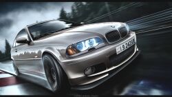 Rule 34 | arabic text, artist name, bmw, bmw 3 series, bmw e46, bmw m3, car, cloud, cloudy sky, commentary, english commentary, glowing, grey car, license plate, mads shades, motion blur, motor vehicle, no humans, original, photoshop (medium), racetrack, shadow, sky, translation request, vehicle focus, wet